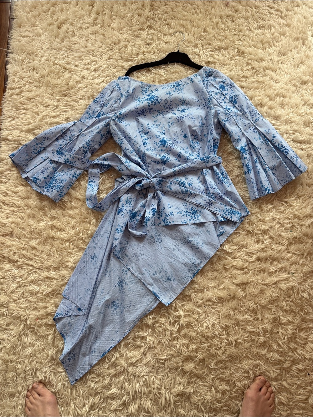 EUC Carolina Herrera Light Blue Floral Wrap Top with Asymmetric Hem